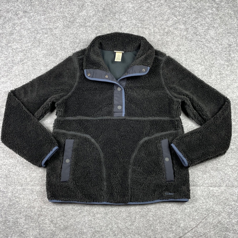 LL Bean Pullover Jacket Womens Medium Black Sherpa Hi-Pile Snap-T Fleece Sweater